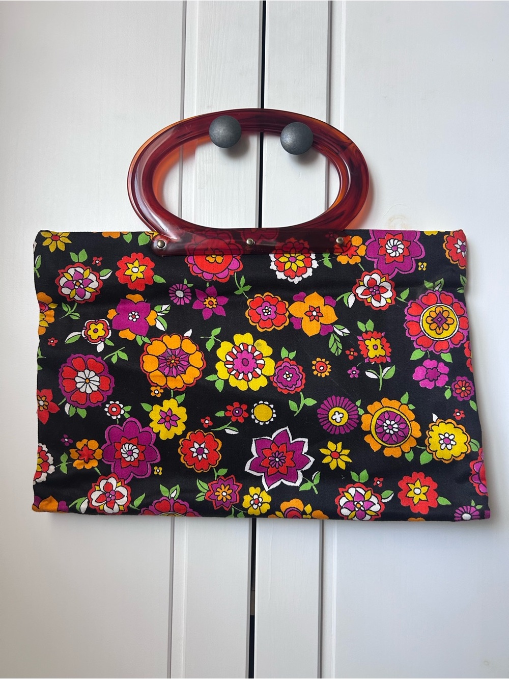 Vintage Women’s Floral Tote Bag with Tortoiseshell Handles - Black Multi